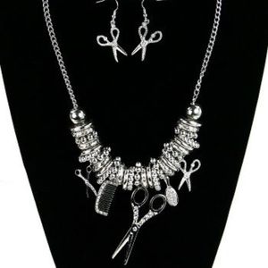 Silver Hair Stylist Necklace & Earring Set